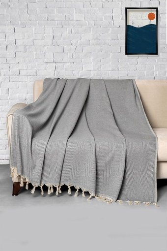 Denizli Concept Pamuklu - Polyester Kanvas Püsküllü Süngersiz Armürlü Gri Üçlü Koltuk Örtüsü 170x230 cm