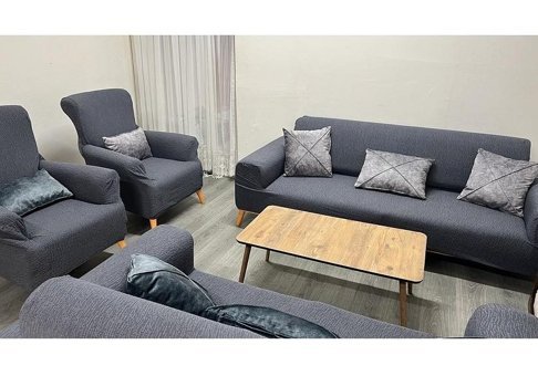 Uzhanem Pamuklu - Polyester Likralı Jakarlı Süngerli Çizgili Giydirmeli Gri Dörtlü Koltuk Örtüsü 180x230 cm