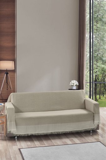 Vagonik Royal Pamuklu - Polyester Polar Saçaklı Süngersiz Düz Bej Tekli Koltuk Örtüsü 180x300 cm
