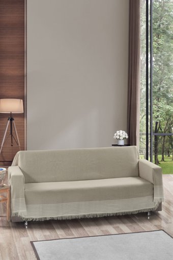 Vagonik Royal Pamuklu - Polyester Polar Saçaklı Süngersiz Düz Bej Tekli Koltuk Örtüsü 180x300 cm