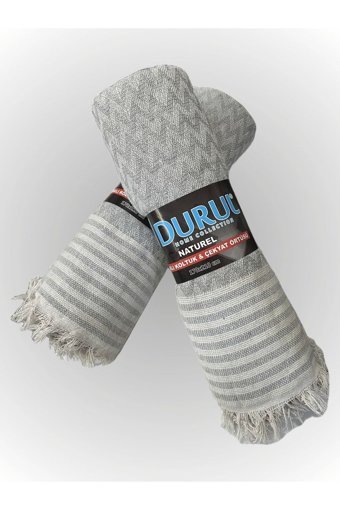 Durul Pamuklu - Polyester Kanvas Saçaklı Süngersiz Armürlü Gri Üçlü Koltuk Örtüsü 170x210 cm
