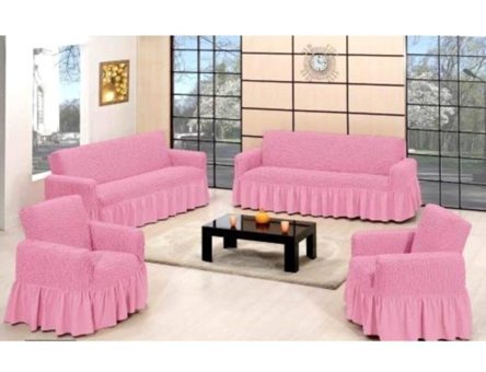 Lady Bella Elite Home Style Pamuklu Bürümcük Fırfırlı Süngersiz Kareli Giydirmeli Pembe Dörtlü Koltuk Örtüsü 100x230 cm