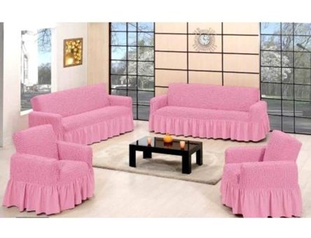 Lady Bella Elite Home Style Pamuklu Bürümcük Fırfırlı Süngersiz Kareli Giydirmeli Pembe Dörtlü Koltuk Örtüsü 100x230 cm