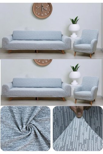 Seltenet Likralı Jakarlı Süngersiz Çizgili Giydirmeli Su Geçirmez Gri Dörtlü Koltuk Örtüsü 180x230 cm
