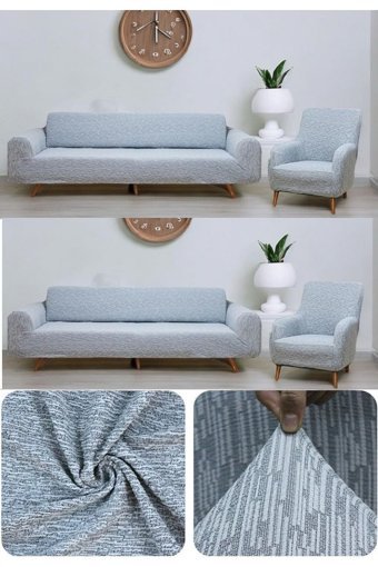 Seltenet Likralı Jakarlı Süngersiz Çizgili Giydirmeli Su Geçirmez Gri Dörtlü Koltuk Örtüsü 180x230 cm
