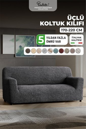 Paulato Mikrofiber Likralı Jakarlı Süngersiz Çizgili Giydirmeli Antrasit Tekli Koltuk Örtüsü 160x250 cm