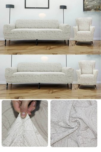 Riseler Home Pamuklu - Polyester Likralı Jakarlı Süngersiz Çiçek Desenli Giydirmeli Bej Üçlü Koltuk Örtüsü 230x180 cm