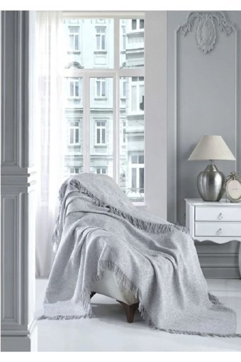 Nasır Home Pamuklu Saçaklı Süngersiz Düz Gri Tekli Koltuk Örtüsü 180x220 cm
