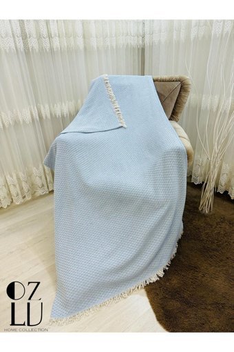 Özlü Home Atlas Pamuklu - Polyester Örgü Saçaklı Süngersiz Çizgili Kaymaz Mavi Tekli Koltuk Örtüsü 170x210 cm