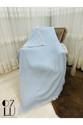 Özlü Home Atlas Pamuklu - Polyester Örgü Saçaklı Süngersiz Çizgili Kaymaz Mavi Tekli Koltuk Örtüsü 170x210 cm