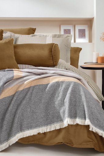 Yataş Estie Akrilik Polar Saçaklı Süngersiz Çizgili Gri Tekli Koltuk Örtüsü 140x190 cm