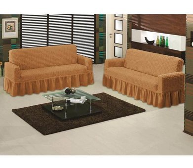 Bilgiçler Pamuklu - Polyester Bürümcük Fırfırlı Süngersiz Giydirmeli Lastikli Hardal İkili Koltuk Örtüsü 110x210 cm