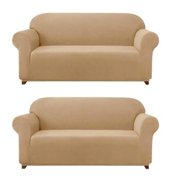 Furkanticaret Pamuklu - Polyester Likralı Süngersiz Düz Giydirmeli Bej İkili Koltuk Örtüsü 180x230 cm