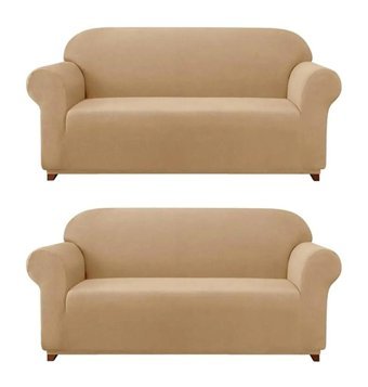 Furkanticaret Pamuklu - Polyester Likralı Süngersiz Düz Giydirmeli Bej İkili Koltuk Örtüsü 180x230 cm