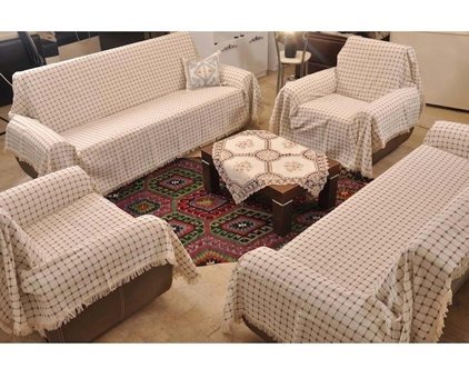 Buldan Pamuklu Kanvas Saçaklı Süngersiz Ekoseli Kahverengi Sekizli Koltuk Örtüsü 180x300 cm