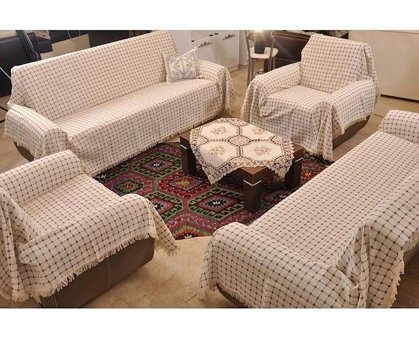 Buldan Pamuklu Kanvas Saçaklı Süngersiz Ekoseli Kahverengi Sekizli Koltuk Örtüsü 180x300 cm