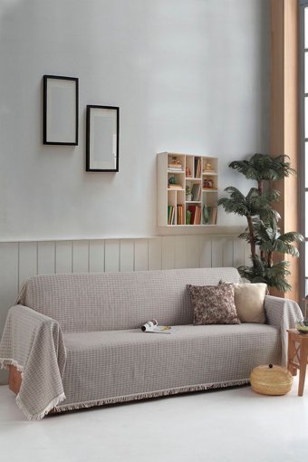 Ladynil Pamuklu Saçaklı Süngersiz Çizgili Kahverengi Tekli Koltuk Örtüsü 180x320 cm