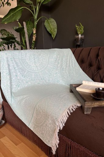 Ayera Home Pamuklu Püsküllü Süngersiz Turkuaz Tekli Koltuk Örtüsü 95x280 cm