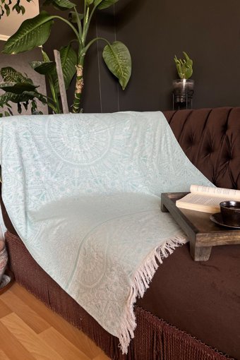 Ayera Home Pamuklu Püsküllü Süngersiz Turkuaz Tekli Koltuk Örtüsü 95x280 cm