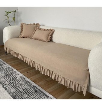 Lilyum Kadife Fırfırlı Süngersiz Petek Desenli Bej Tekli Koltuk Örtüsü 200x110 cm