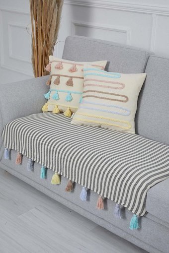Aisha's Design KO-20-IK Pamuklu Püsküllü Süngersiz Çizgili Mavi Tekli Koltuk Örtüsü 90x155 cm
