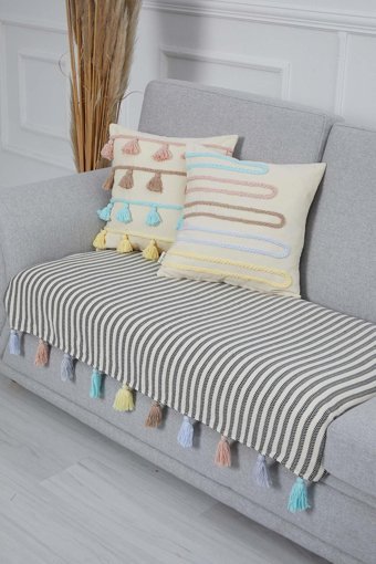 Aisha's Design KO-20-IK Pamuklu Püsküllü Süngersiz Çizgili Mavi Tekli Koltuk Örtüsü 90x155 cm