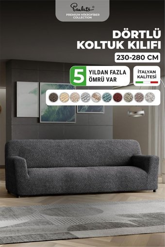 Paulato Mikrofiber Likralı Jakarlı Süngersiz Çizgili Giydirmeli Antrasit Dörtlü Koltuk Örtüsü 250x310 cm