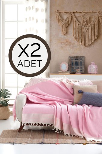 Lux Touch Bergama Pamuklu Püsküllü Süngersiz Geometrik Desenli Pembe İkili Koltuk Örtüsü 180x200 cm