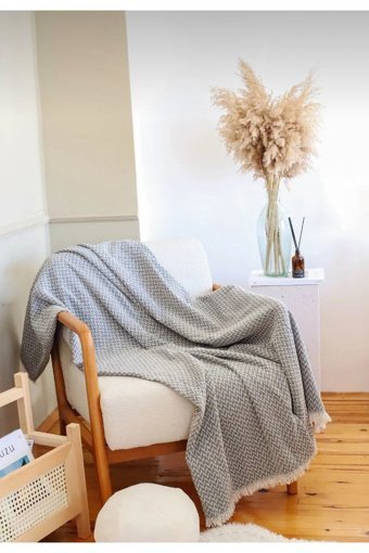 Xamantha Pamuklu Polar Saçaklı Süngersiz Geometrik Desenli Gri Tekli Koltuk Örtüsü 170x210 cm