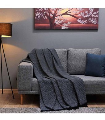 Evidea Pamuklu Kanvas Jakarlı Süngersiz Armürlü Lacivert Üçlü Koltuk Örtüsü 170x230 cm