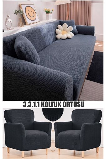 Riseler Home Likralı Jakarlı Süngersiz Çiçek Desenli Giydirmeli Lacivert Üçlü Koltuk Örtüsü 180x230 cm