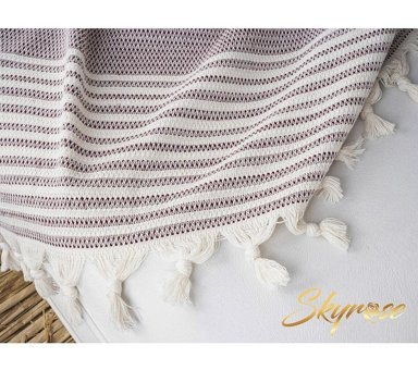 Skyrose Pamuklu Polar Saçaklı Süngersiz Çizgili Bordo Tekli Koltuk Örtüsü 220x180 cm