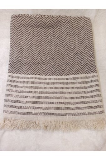Şener Home Pamuklu Polar Saçaklı Süngersiz Çizgili Kahverengi Üçlü Koltuk Örtüsü 170x301 cm