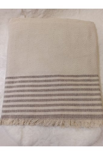 Şener Home Pamuklu Polar Saçaklı Süngersiz Çizgili Bej İkili Koltuk Örtüsü 170x301 cm
