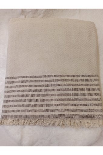 Şener Home Pamuklu Polar Saçaklı Süngersiz Çizgili Bej İkili Koltuk Örtüsü 170x301 cm