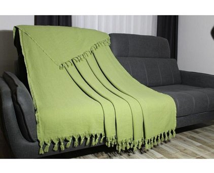 Bies Living Collection Cosmo Premium Pamuklu Püsküllü Süngersiz Düz Kaymaz Yeşil Tekli Koltuk Örtüsü 180x240 cm