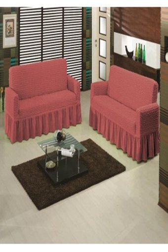 Bilgiçler Pamuklu - Polyester Bürümcük Fırfırlı Süngersiz Giydirmeli Lastikli Gül Kurusu İkili Koltuk Örtüsü 110x210 cm