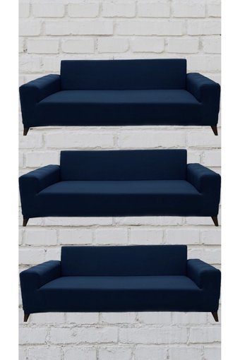 Şahane Ev Mikro Polyester Likralı Jakarlı Süngersiz Düz Giydirmeli Lastikli Mavi Üçlü Koltuk Örtüsü 55x13 cm