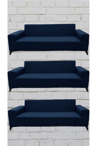 Şahane Ev Mikro Polyester Likralı Jakarlı Süngersiz Düz Giydirmeli Lastikli Mavi Üçlü Koltuk Örtüsü 55x13 cm