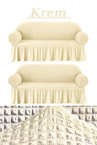 Furkanticaret Polyester Bürümcük Süngersiz Kapitone Giydirmeli Krem İkili Koltuk Örtüsü 180x230 cm