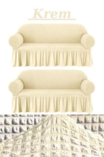 Furkanticaret Polyester Bürümcük Süngersiz Kapitone Giydirmeli Krem İkili Koltuk Örtüsü 180x230 cm