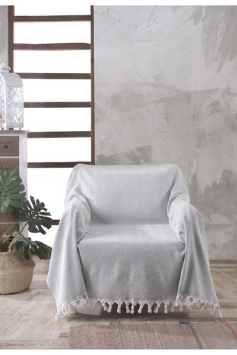 Ladynil Natural Pamuklu Saçaklı Süngersiz Çizgili Gri Tekli Koltuk Örtüsü 160x160 cm