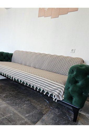İsmail Gürel Pamuklu Püsküllü Süngersiz Geometrik Desenli Kahverengi Tekli Koltuk Örtüsü 175x210 cm