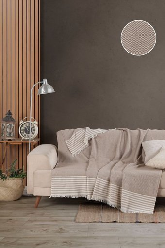 Bozkuş Home Pamuklu Püsküllü Süngersiz Çizgili Bej Tekli Koltuk Örtüsü 180x240 cm