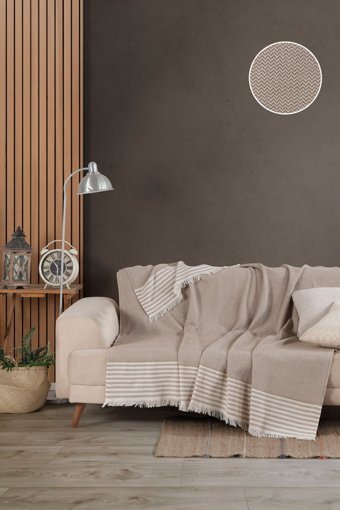 Bozkuş Home Pamuklu Püsküllü Süngersiz Çizgili Bej Tekli Koltuk Örtüsü 180x240 cm