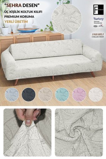 Faiend Polyester Jakarlı Süngersiz Düz Giydirmeli Bej Üçlü Koltuk Örtüsü 230x180 cm