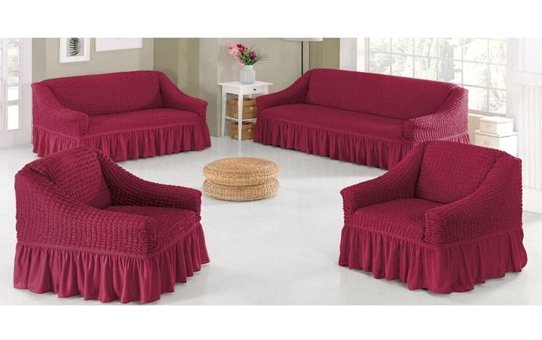 Nurlan Pamuklu - Polyester Bürümcük Fırfırlı Süngersiz Kareli Giydirmeli Pembe Dörtlü Koltuk Örtüsü 180x230 cm