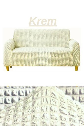 Uytm Polyester Bürümcük-Likralı Süngerli Çizgili Giydirmeli Bej Tekli Koltuk Örtüsü 180x230 cm