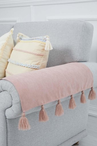Aisha's Design KC-4 Polyester Örgü Püsküllü Süngersiz Düz Pembe İkili Koltuk Örtüsü 65x57 cm