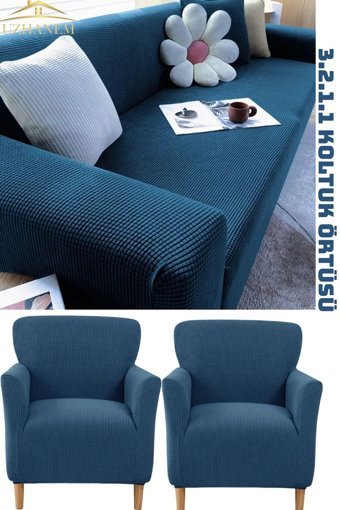 Uzhanem Polyester Bürümcük-Likralı Süngerli Petek Desenli Giydirmeli Mavi Dörtlü Koltuk Örtüsü 183x230 cm